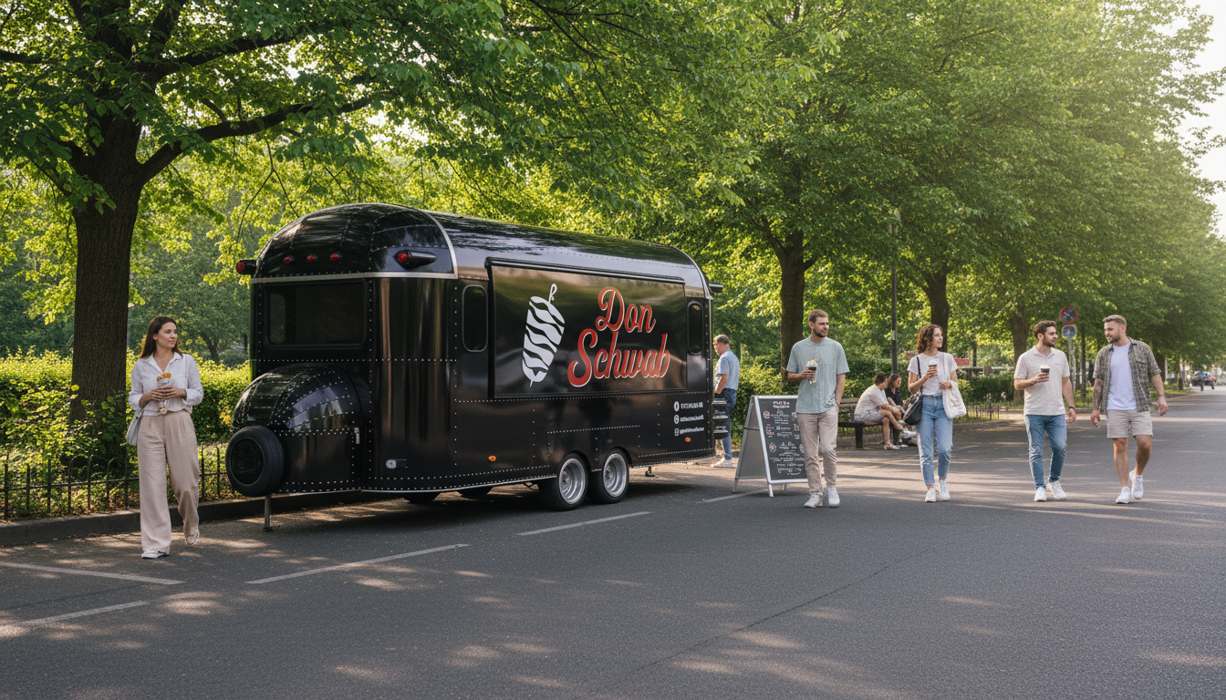 08 firefly gemini flash “a food trailer parked at a quiet corner, surrounded by green leaves from trees. the 343932